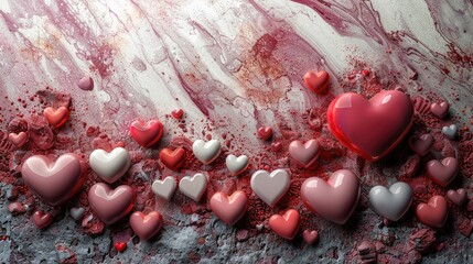 Poster - Red and pink hearts cascading down a marble-textured background.