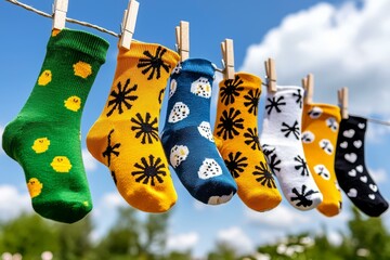 colorful socks hanging on a clothesline against a bright blue sky.