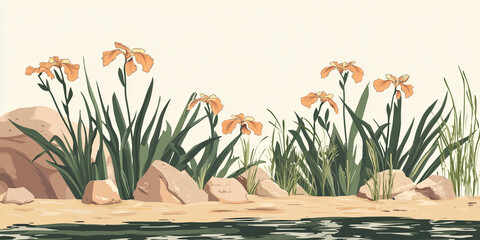 Wall Mural - Row of Japanese irises growing near the edge of a pond, illustration art