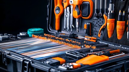 Aufkleber - Closeup view showcasing the intricate details and components of fiber optic cables splicing tools and other specialized equipment stored within a practical industrial case or container