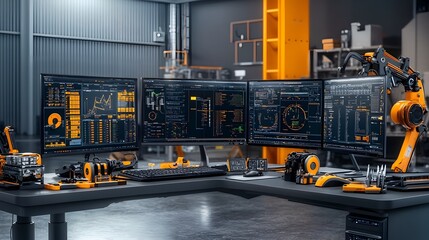 Poster - Control Room Desk with Multiple Monitors Displaying Real Time System Data and Surrounded by Engineering Tools and Equipment in a Modern Industrial Style Workplace