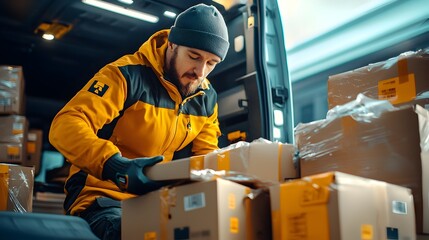 Fototapete - Courier Meticulously Arranging Parcel Boxes Inside Truck Compartment to Ensure Organized and Efficient Delivery of Goods and Packages