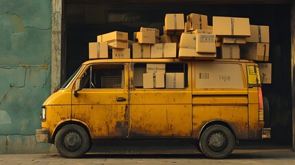 Poster - Courier Van Loaded with Small and Large Parcel Boxes Prepared for Swift Delivery of Online Orders and Shipments