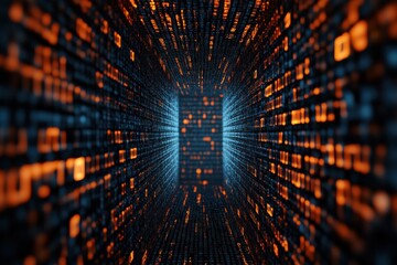 futuristic digital data tunnel with glowing binary code in blue and orange
