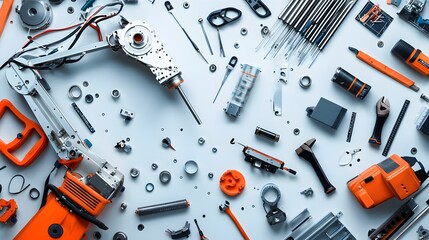 Poster - Detailed Robot Arm Assembly Manual and Specialized Tools Displayed on a Workshop Table Showcasing the Industrial Manufacturing and Engineering Process