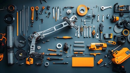 Leinwandbilder - Detailed robotic arm assembly manual technical documents and a variety of specialized tools laid out on a workshop table