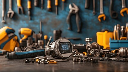 Diverse collection of mechanical tools including digital torque wrench displayed on a workshop or garage workbench  Illustrates equipment and technology used by professionals in the engineering