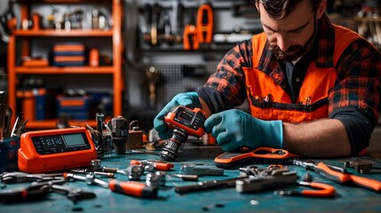 Poster - Diverse array of mechanical tools including a digital torque wrench displayed on a workshop or garage table showcasing the essential equipment used for industrial construction