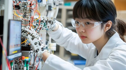 Poster - East Asian robotics engineer diligently assembling and inspecting intricate mechanical arms in a high tech laboratory setting