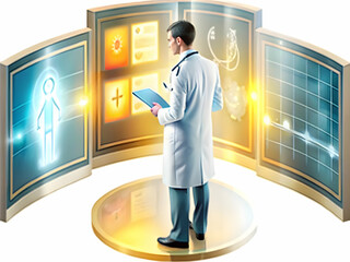 Soft Abstract Digital Art Tech Savvy Healthcare Worker Analyzing Patient Data Futuristic Holographic Screens Technology Medical Expertise Copy Space Photo Stock Concept