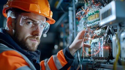 Leinwandbilder - European Electrical Engineer Configuring and Maintaining Power Grid Equipment for Efficient Energy Transmission and Distribution in a Modern Industrial Setting