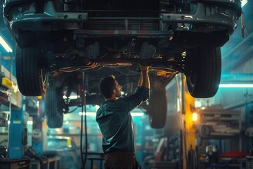 Aufkleber - A mechanic works diligently under a vehicle elevated on a hoist, showcasing expertise in an automotive repair shop. Generative AI