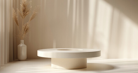 Aufkleber - A sleek, minimalist pedestal designed for product presentation. The pedestal has a smooth, matte white finish with soft, rounded edges. circular top. The surrounding atmosphere features soft.