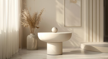 Aufkleber - A sleek, minimalist pedestal designed for product presentation. The pedestal has a smooth, matte white finish with soft, rounded edges. circular top. The surrounding atmosphere features soft.