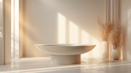 Aufkleber - A sleek, minimalist pedestal designed for product presentation. The pedestal has a smooth, matte white finish with soft, rounded edges. circular top. The surrounding atmosphere features soft.