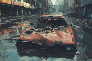 destroyed car. auto in flooded city street after hurricane catastrophe
