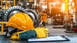 © thanarak - Industrial safety equipment such as gloves helmet and clipboard placed in front of factory machinery representing the necessary tools and gear for manufacturing or construction work
