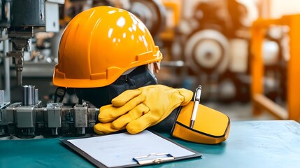 Poster - Industrial safety equipment such as gloves helmet and clipboard placed in front of factory machinery highlighting the importance of workplace safety and productivity in the manufacturing industry