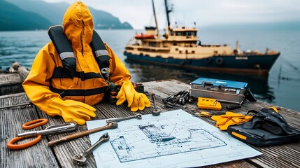 Aufkleber - Marine Engineer s Essential Tools and Protective Suit Resting on a Dock Alongside a Detailed Ship Diagram