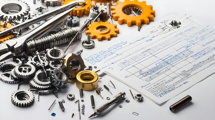 Aufkleber - Neatly arranged assortment of gears screws and precision tools alongside an engineering report showcasing the intricate components of industrial machinery and mechanical design
