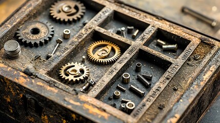 Leinwandbilder - Organized and labeled mechanical engineer s toolbox filled with small gears bolts and other hardware components