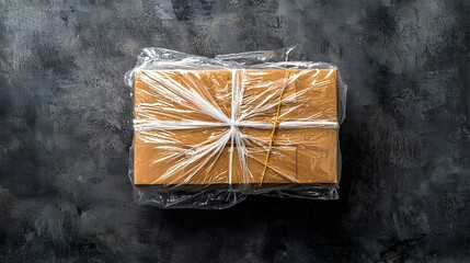 Poster - Oversized cardboard parcel box wrapped in clear plastic film for protective shipping and delivery services  Minimalist modern design for freight logistics or ecommerce concepts