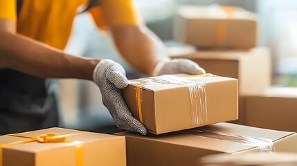 Fototapete - Parcel Boxes Wrapped in Shrink Wrap for Long Distance Shipping and Logistics   Cardboard Boxes Packaged for Safe Transportation and Delivery of Products and Goods