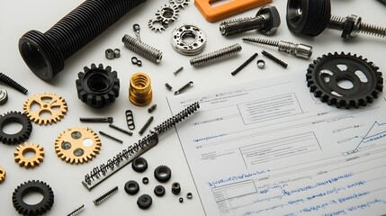 Leinwandbilder - Pile of gears screws and precision tools meticulously arranged next to an engineering report on an industrial workbench
