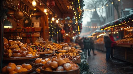 A festive Christmas market with vendors selling baked goods, fruits, and other holiday treats.