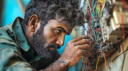 Aufkleber - Portrait of an Indian telecommunications engineer carefully adjusting and maintaining fiber optic cables in a modern digital infrastructure or network facility
