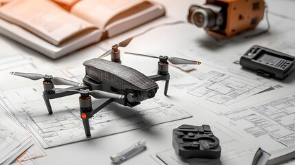 Fototapete - Precision Drone and Remote Control with Engineering Manuals Nearby  High tech modern equipment for aerial photography videography surveying and more