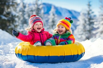 two kids having fun in the snow, giggling as they ride a vibrant inflatable tube down a hill, painti