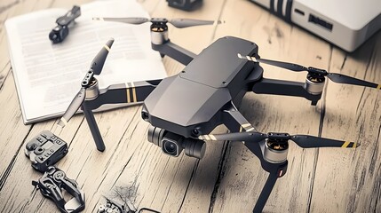 Fototapete - Precision drone and remote control device with engineering manuals and technical documents laid out nearby
