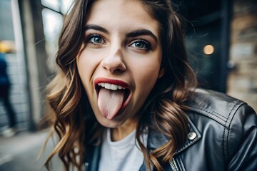 Wall Mural - young funny woman showing tongue close up