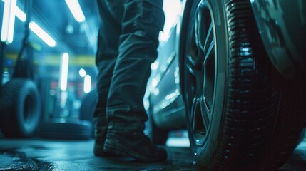 Poster - A mechanic is focused on changing tires, surrounded by tools and equipment in a vibrant and busy workshop atmosphere. Generative AI