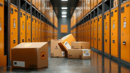 Rows of neatly stacked parcel boxes arranged in a systematic locker storage system ready for efficient delivery and pickup of packages shipments and freight