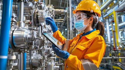 Leinwandbilder - Skilled Asian Female Industrial Engineer Overseeing and Optimizing the Workflow and Efficiency of a Factory Production Line