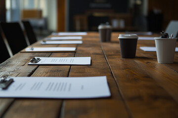 Wooden table with document file and paper in meeting room , Selective focus meeting table with chair for work discussing, Co working space wooden table in office.