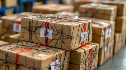 Poster - Stack of international parcels or packages with various customs stickers and labels representing global commerce trade logistics and cross border transportation and distribution