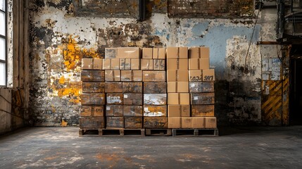 Fototapete - Stacks of Parcel Boxes Arranged Neatly on Wooden Pallet in an Organized Warehouse Storage Interior with Shelving and Efficient Logistics Management