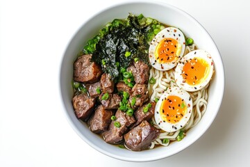 Delicious Bowl of Noodles with Beef and Egg Toppings