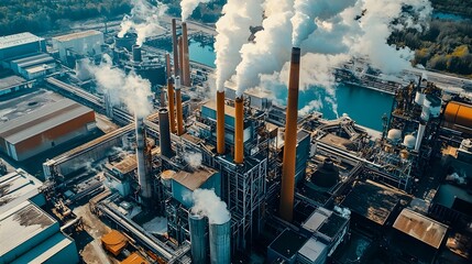 Poster - Aerial view of an energy efficient eco friendly paper mill facility in full sustainable manufacturing processes and green technology for renewable resource production