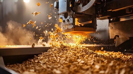 Poster - Automated industrial process of pulping wood fibers to create raw paper pulp material in a modern paper manufacturing facility  The image showcases the machinery equipment