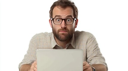 A software developer testing an application on a laptop, looking determined, isolated on white.