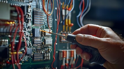 Leinwandbilder - Close up of a hand holding a soldering iron with wires and circuit boards visible showcasing the process of electronic repairs or DIY project construction