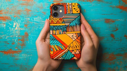 Aufkleber - Close up view of an phone case showcasing a vibrant patterned design with modern geometric shapes and colorful elements  The device accessory is presented in a minimalist stylized manner