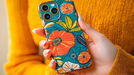 Poster - Close up View of Hands Presenting a Vibrant and Uniquely Patterned Phone Case Showcasing a Creative and Captivating Accessory for Modern Smartphone Users