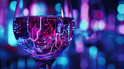A glass of wine with a reflection of a circuit board on it