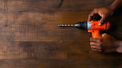 Poster - Close up view of skilled human hands firmly grasping and operating a power drill on a wooden surface demonstrating the expertise and dedication required for home improvement and DIY projects