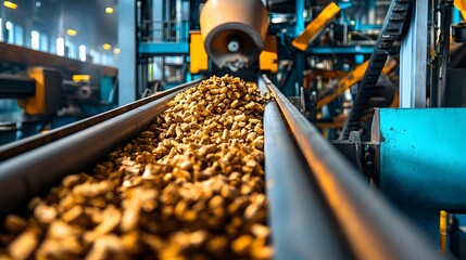 Poster - Closeup shot of a conveyor belt transporting wood chips or shredded timber material to a processing unit or machinery in an industrial manufacturing or production facility